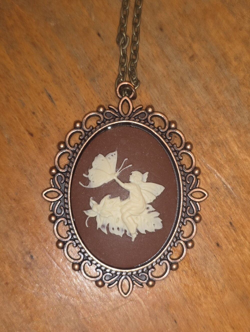 Fairy & Butterfly Cameo Pendant In Bronze Tone Frame On Chain Necklace